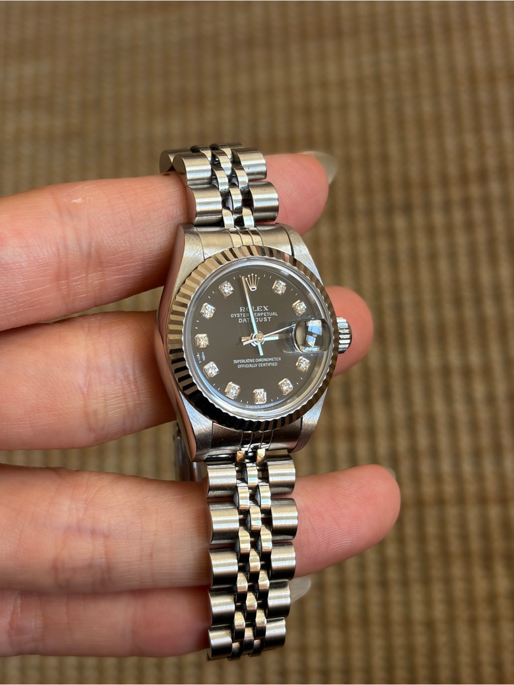 Rolex Lady Dayjust Stainless Steel Watch Black diamond dial 26mm jubilee papers